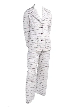 1970s Lanvin Novelty Print White Pantsuit w/ Acrobats & Words Size 8