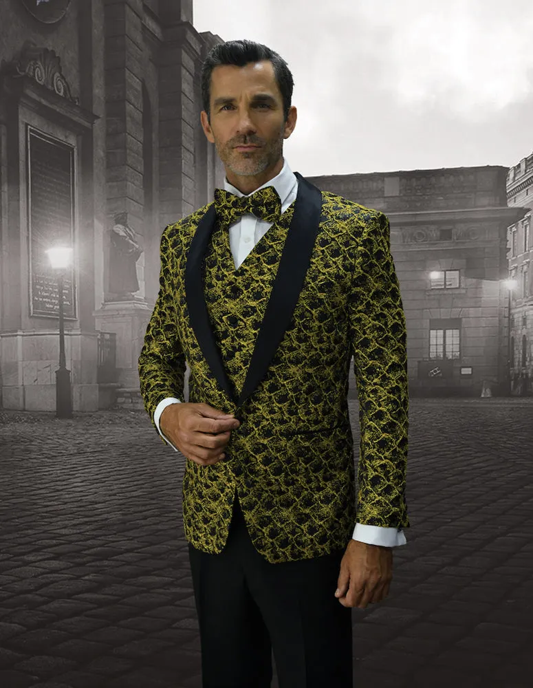3 Pc Flat Front Pants With Matching Bow Tie | BELAGIO12-Gold