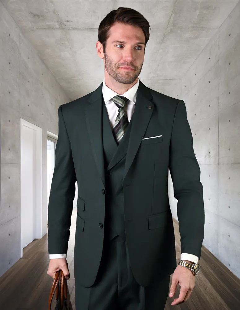 3pc Single Breasted Solid Color Tailored Fit Flat Front Pants Super 150's With Double Breasted Vest| LAZIO| Hunter