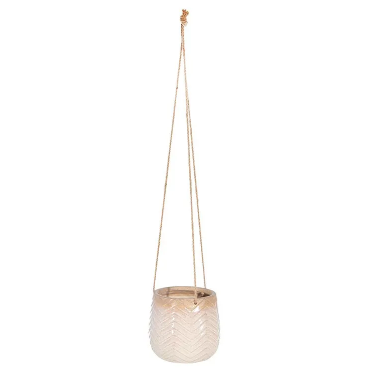 7" x 7" x 6.5" Ivory/Beige Ceramic Chevron Hanging Planter