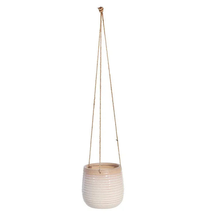 7" x 7" x 6.5" Ivory/Beige Ceramic Ribbed Hanging Planter