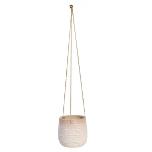 7" x 7" x 6.5" Ivory/Beige Ceramic Ribbed Hanging Planter