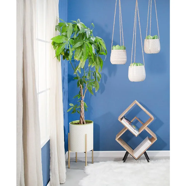 7" x 7" x 6.5" Ivory/Beige Ceramic Ribbed Hanging Planter