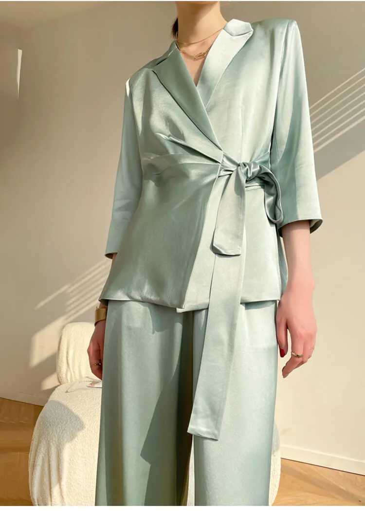 Acetate Belted Blazer Wide Leg Pants Two Piece Suit Set