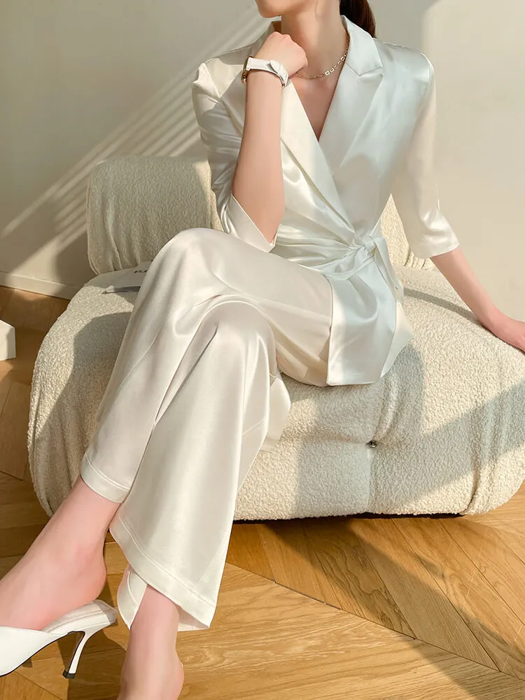 Acetate Belted Blazer Wide Leg Pants Two Piece Suit Set