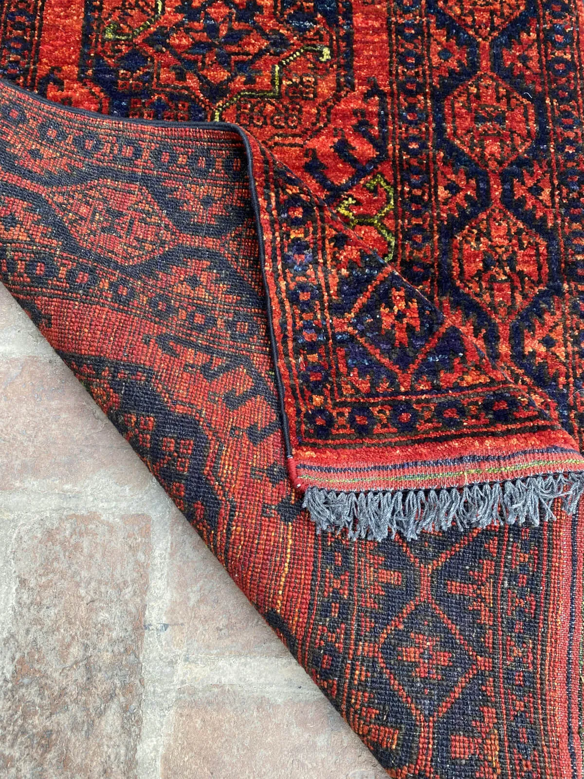 Afghan Filpai Hallway Runner Rug in Red and Navy Blue, 2.6ft x 9.4ft