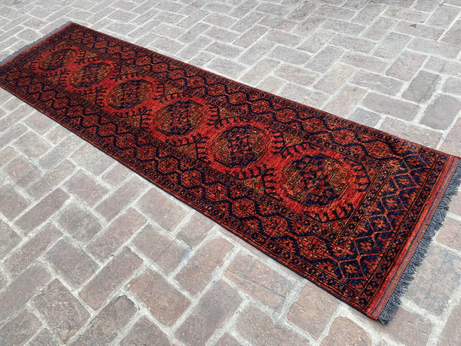 Afghan Filpai Hallway Runner Rug in Red and Navy Blue, 2.6ft x 9.4ft