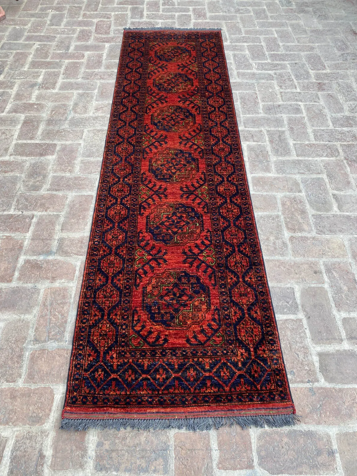 Afghan Filpai Hallway Runner Rug in Red and Navy Blue, 2.6ft x 9.4ft