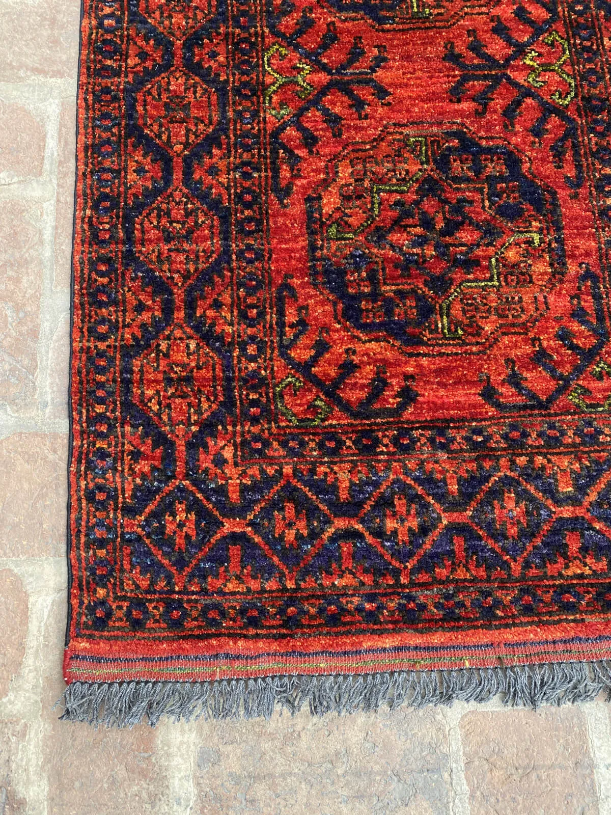 Afghan Filpai Hallway Runner Rug in Red and Navy Blue, 2.6ft x 9.4ft