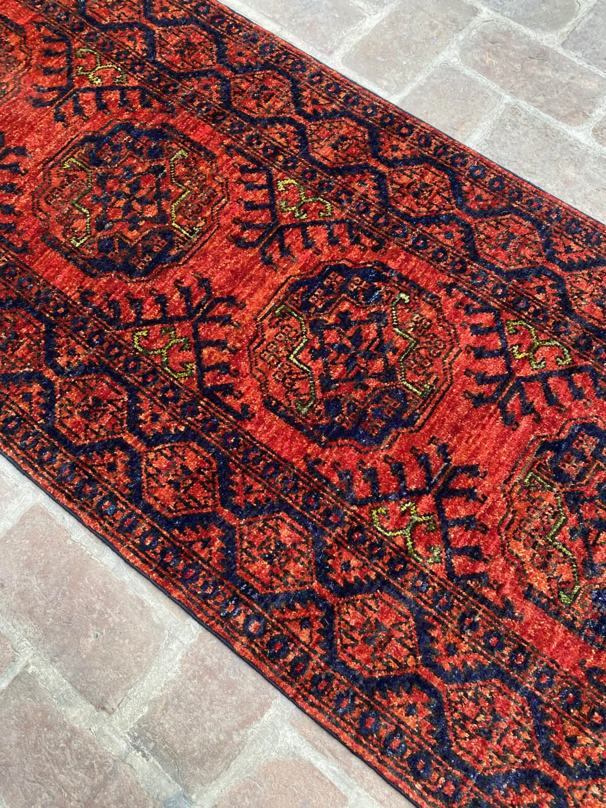 Afghan Filpai Hallway Runner Rug in Red and Navy Blue, 2.6ft x 9.4ft