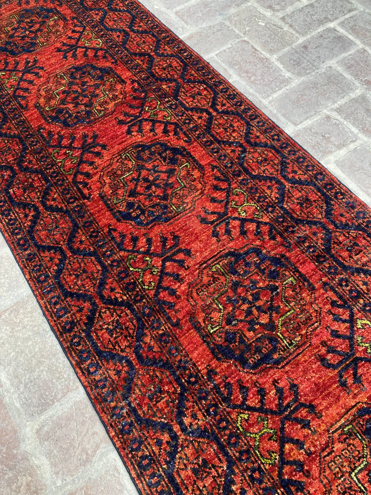 Afghan Filpai Hallway Runner Rug in Red and Navy Blue, 2.6ft x 9.4ft