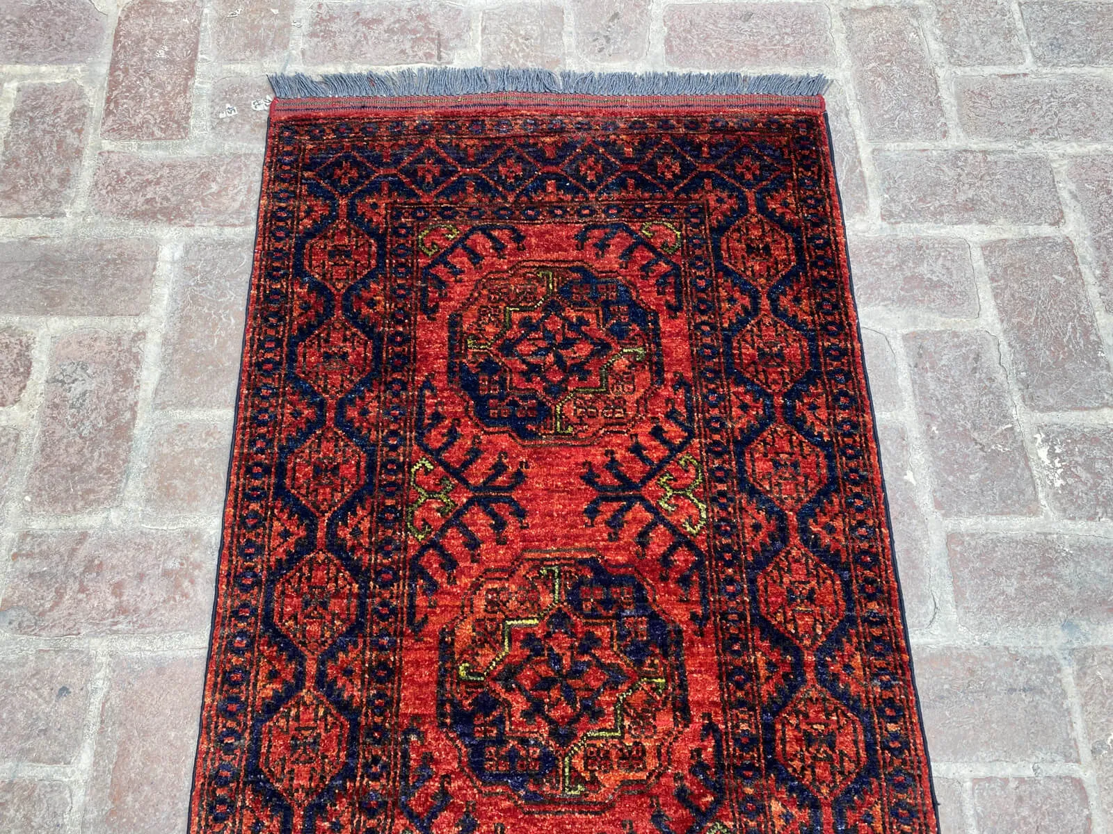 Afghan Filpai Hallway Runner Rug in Red and Navy Blue, 2.6ft x 9.4ft