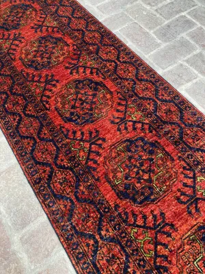 Afghan Filpai Hallway Runner Rug in Red and Navy Blue, 2.6ft x 9.4ft