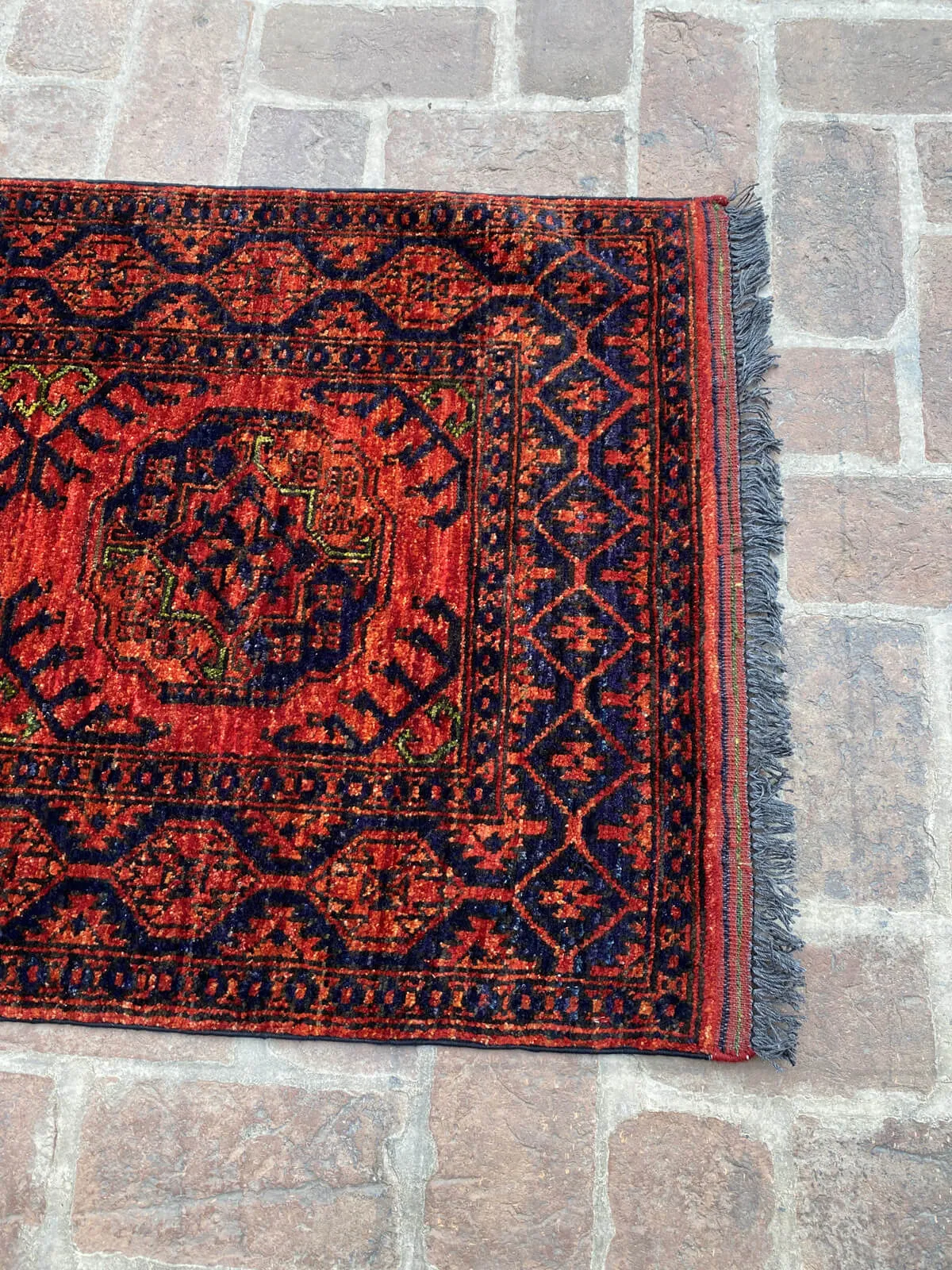 Afghan Filpai Hallway Runner Rug in Red and Navy Blue, 2.6ft x 9.4ft