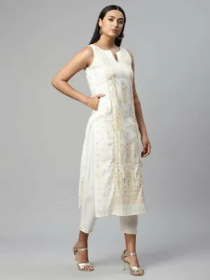 Ahalyaa Womens Off White Pure Cotton Printed Kurta Pant Set