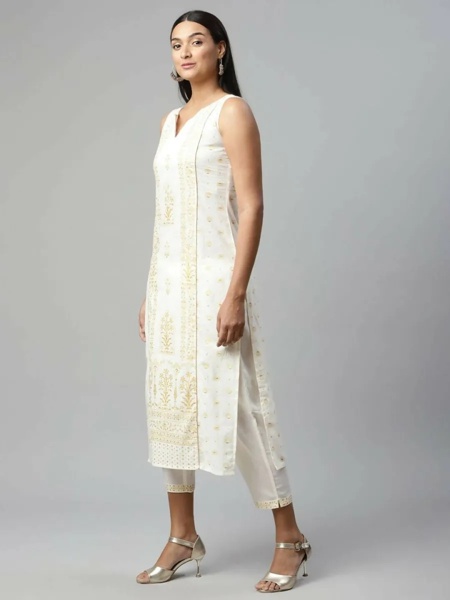 Ahalyaa Womens Off White Pure Cotton Printed Kurta Pant Set
