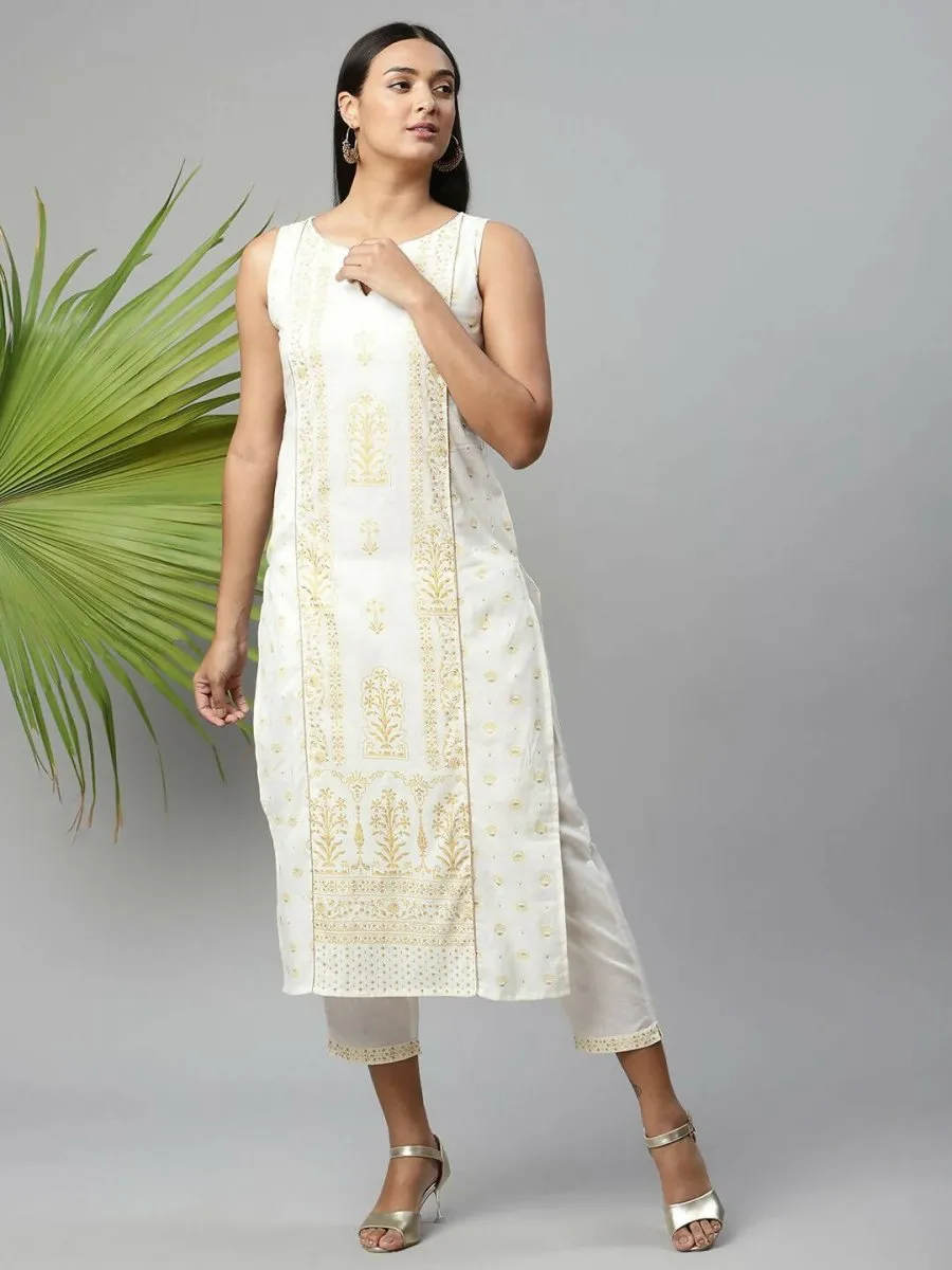 Ahalyaa Womens Off White Pure Cotton Printed Kurta Pant Set