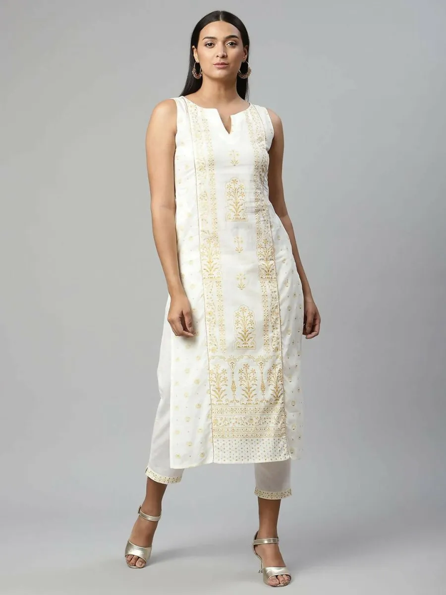 Ahalyaa Womens Off White Pure Cotton Printed Kurta Pant Set