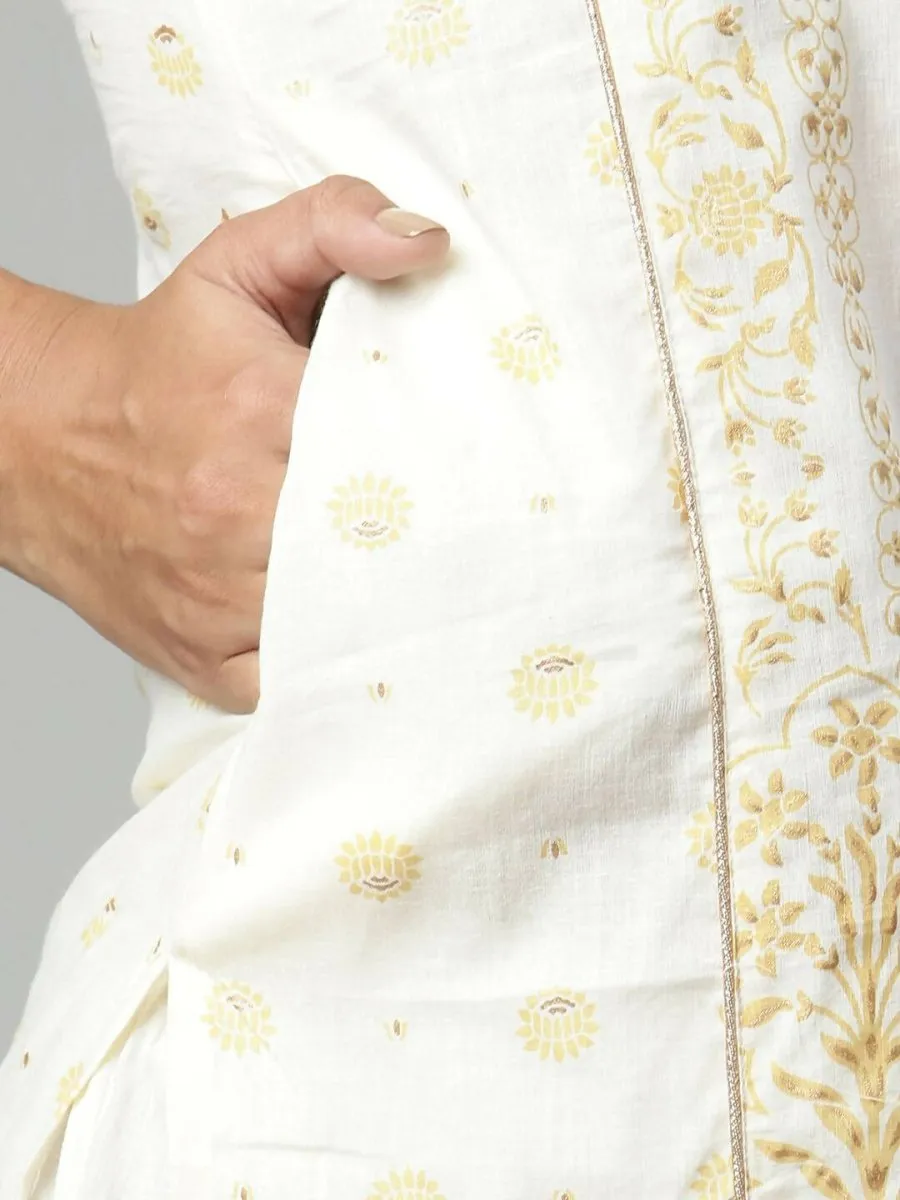 Ahalyaa Womens Off White Pure Cotton Printed Kurta Pant Set