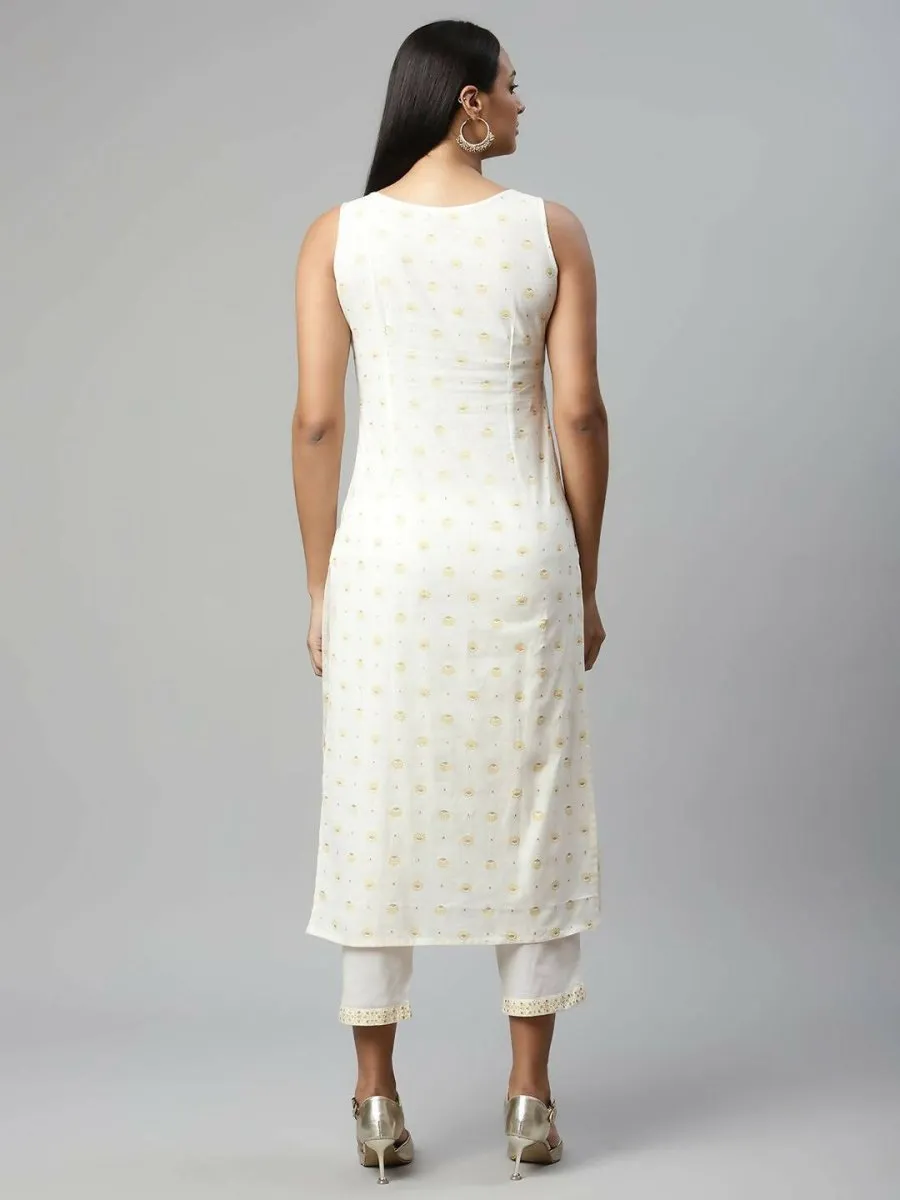 Ahalyaa Womens Off White Pure Cotton Printed Kurta Pant Set