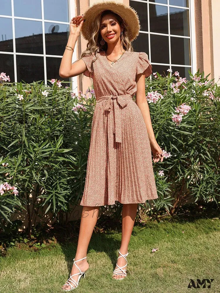 Amy Fashion - Casual Floral Dress V-Neck Short Sleeves Sundress