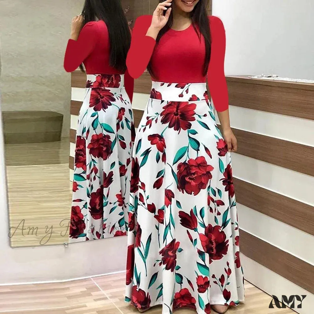 Amy Fashion - Polka Dot Long Sleeve Print Patchwork Long Maxi Dress