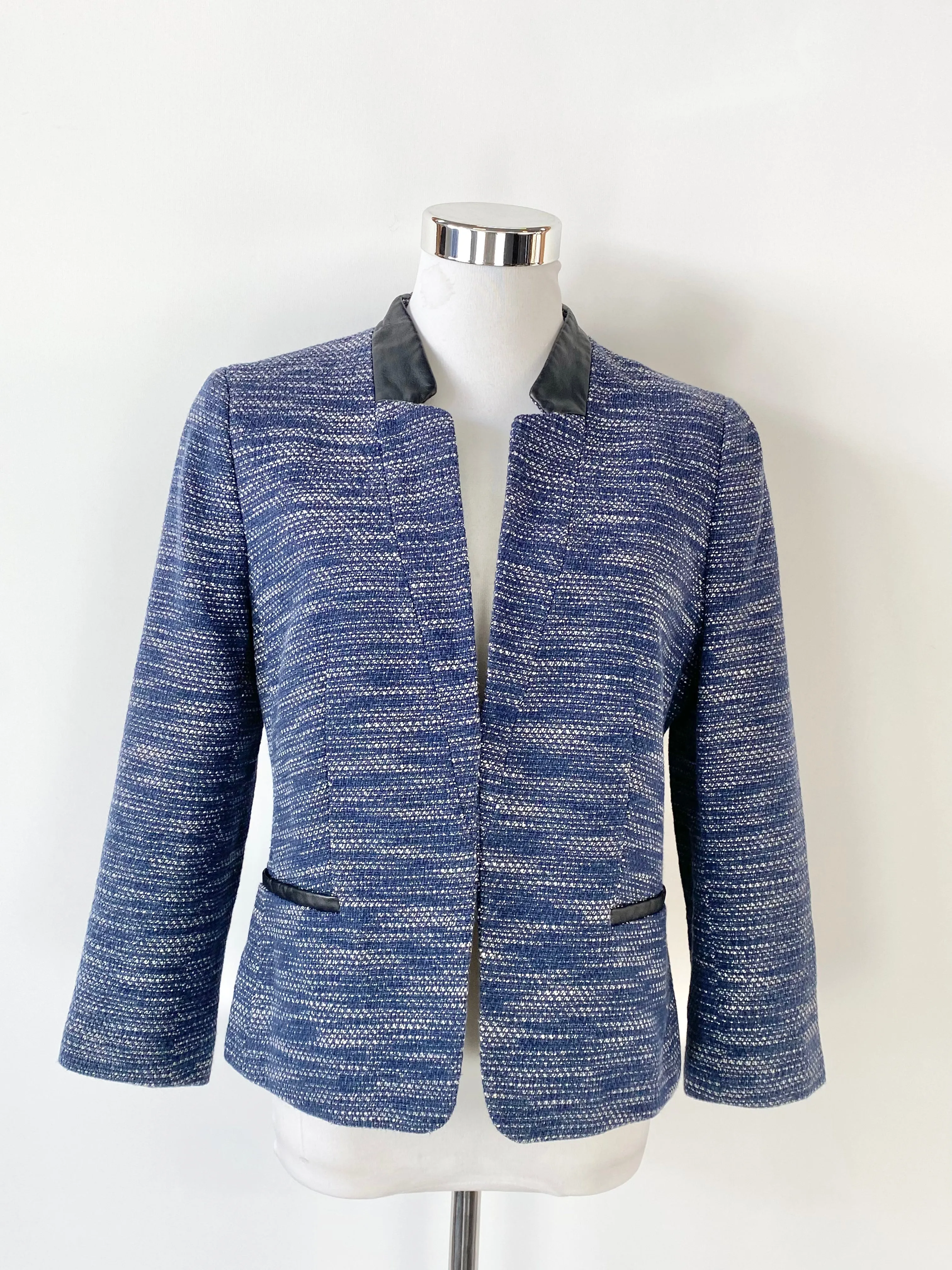 Ann Taylor Petite Blue & White Leather Trim Jacket - AU8