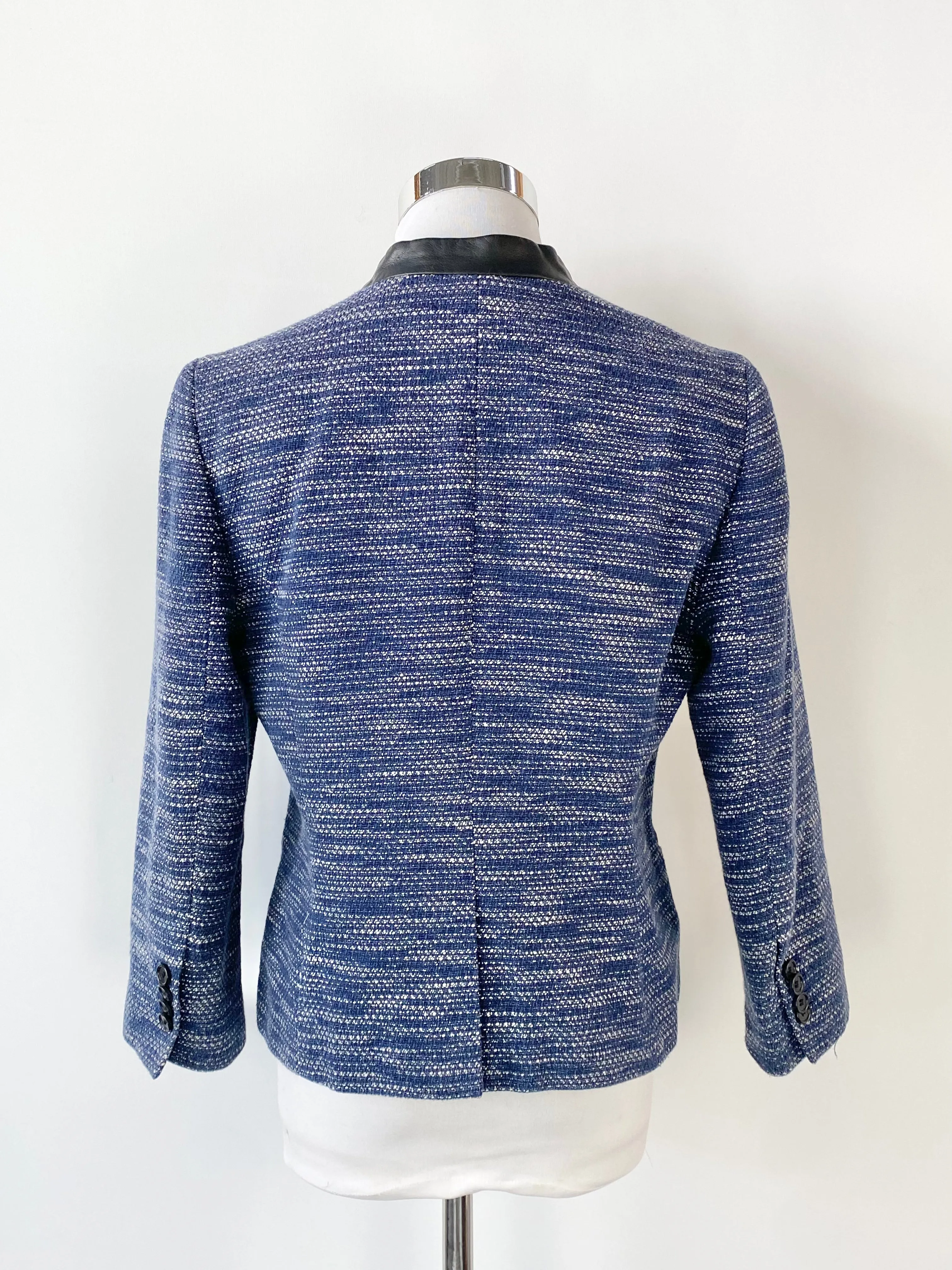 Ann Taylor Petite Blue & White Leather Trim Jacket - AU8