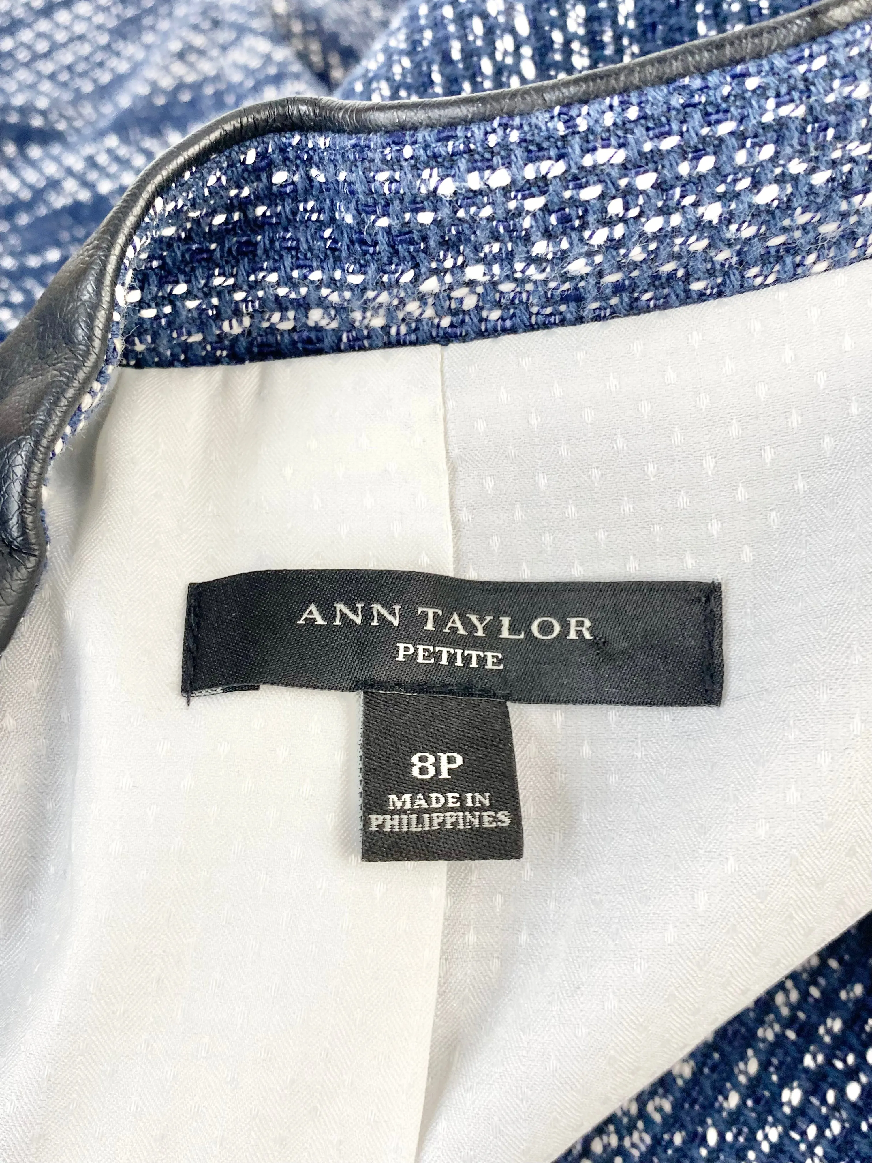 Ann Taylor Petite Blue & White Leather Trim Jacket - AU8