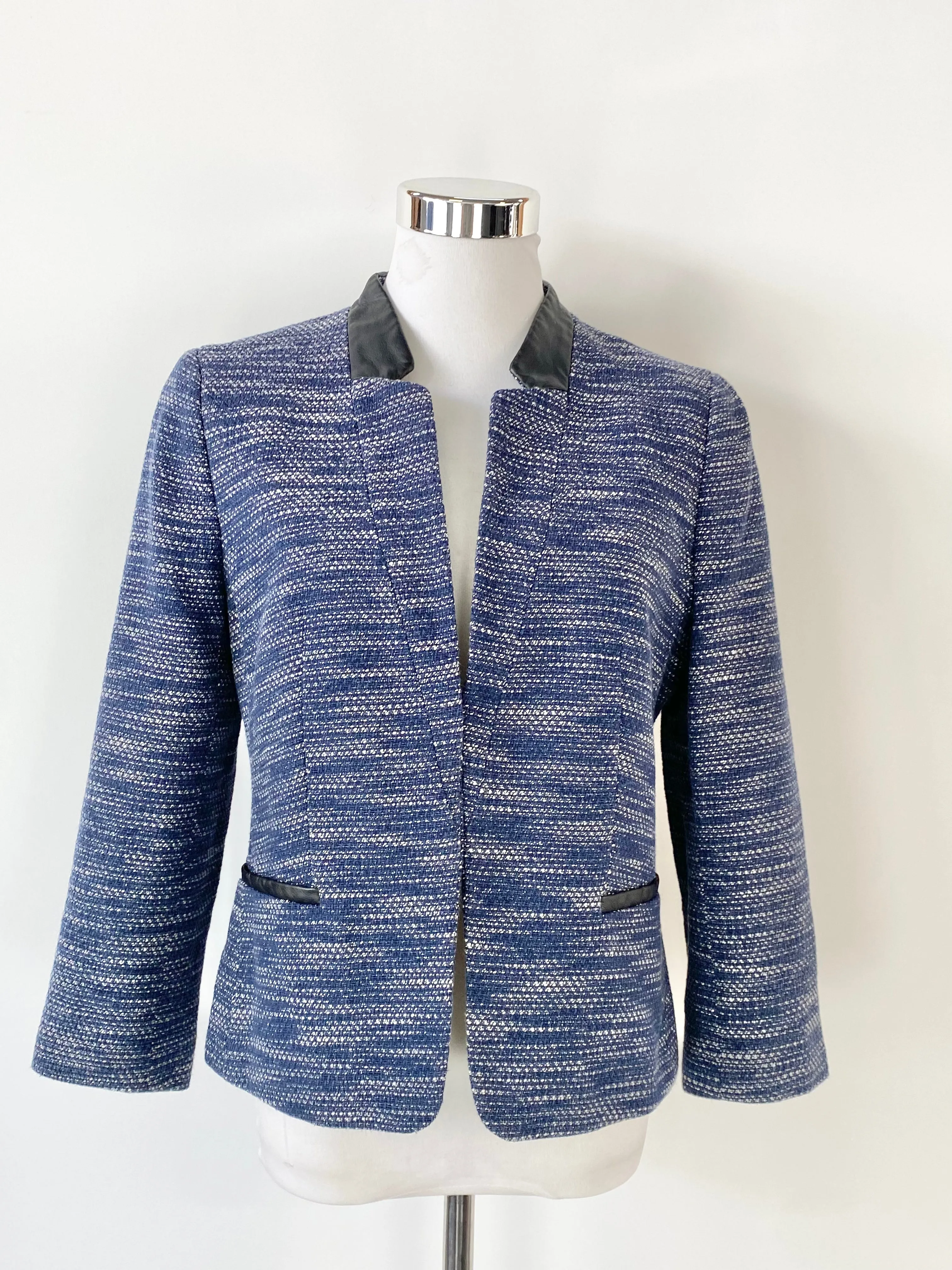 Ann Taylor Petite Blue & White Leather Trim Jacket - AU8