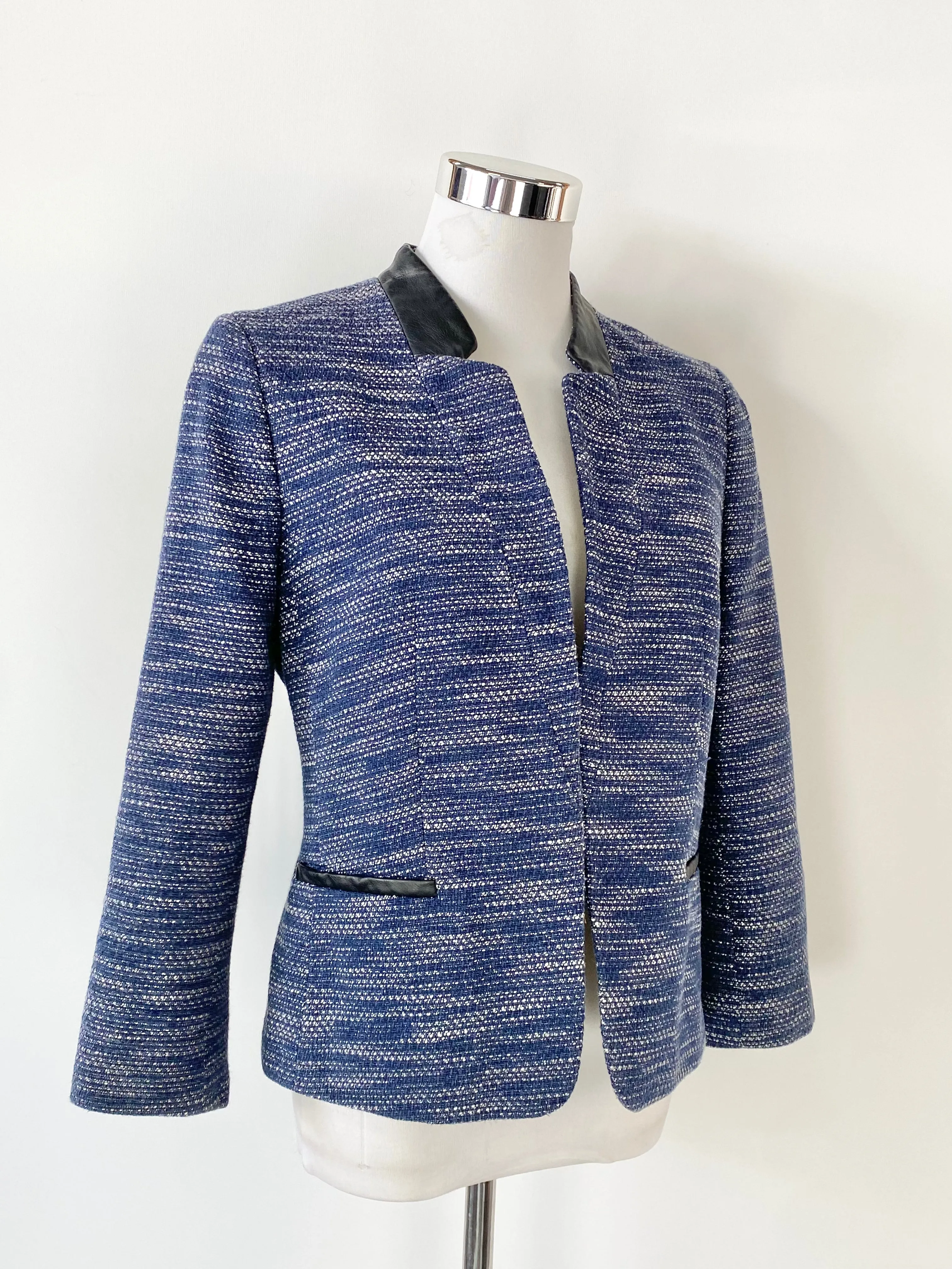 Ann Taylor Petite Blue & White Leather Trim Jacket - AU8