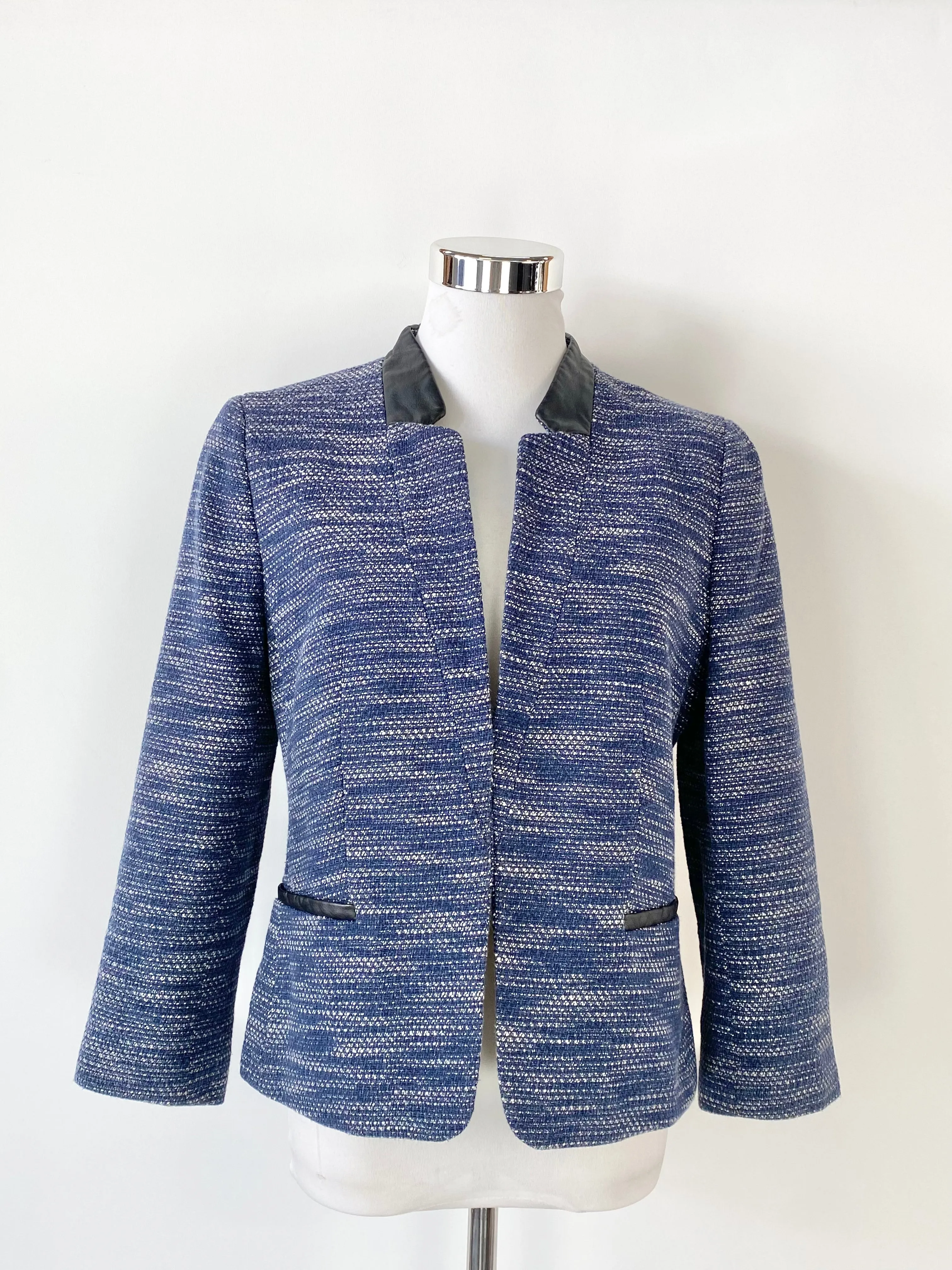 Ann Taylor Petite Blue & White Leather Trim Jacket - AU8