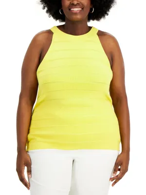 ANNE KLEIN Womens Yellow Textured Unlined Sleeveless Halter Tank Sweater