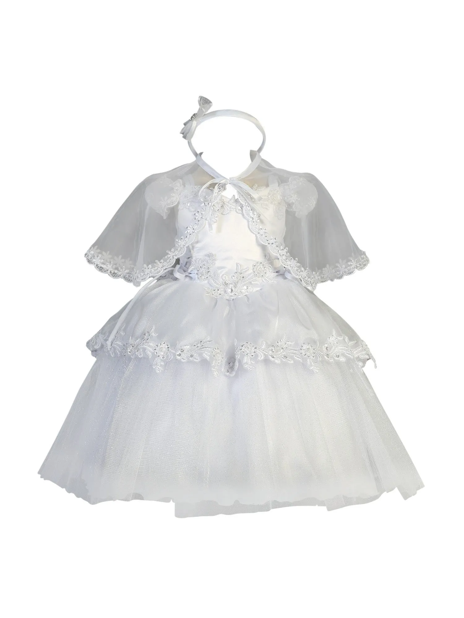 Baby Girls White Off-Shoulder Organza Overlay Glitter Tulle Baptism Dress 6-9M