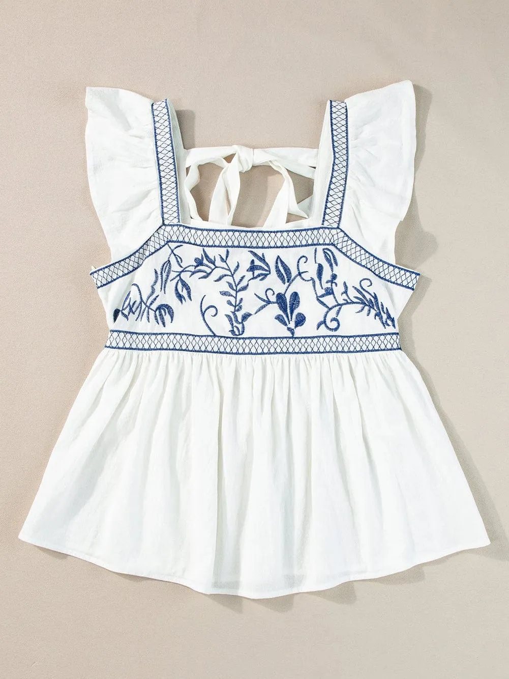 Backless Bowknot White Embroidered Top