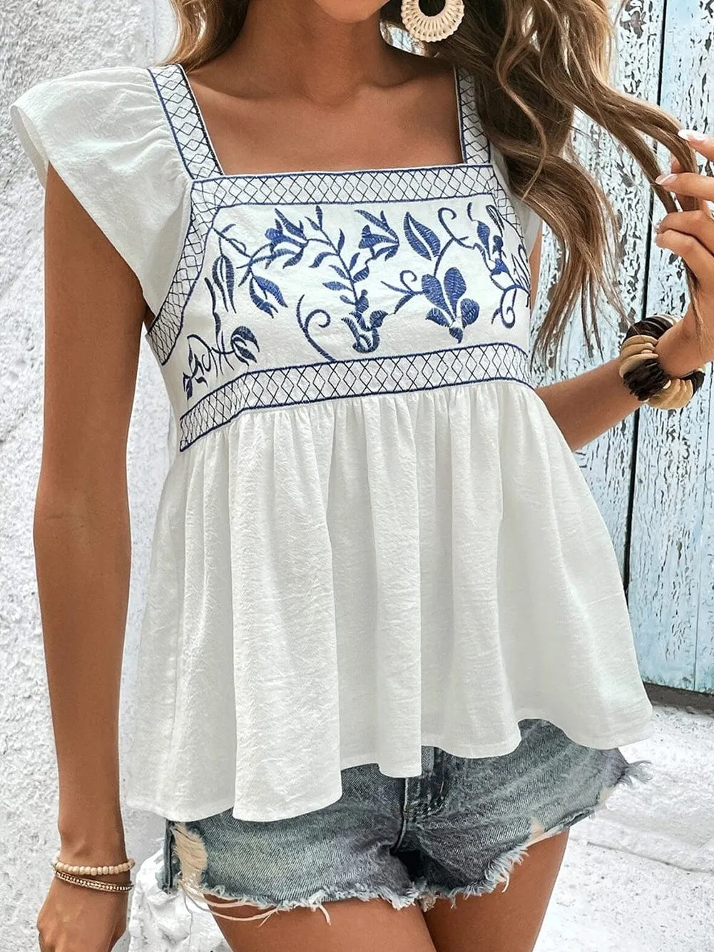 Backless Bowknot White Embroidered Top