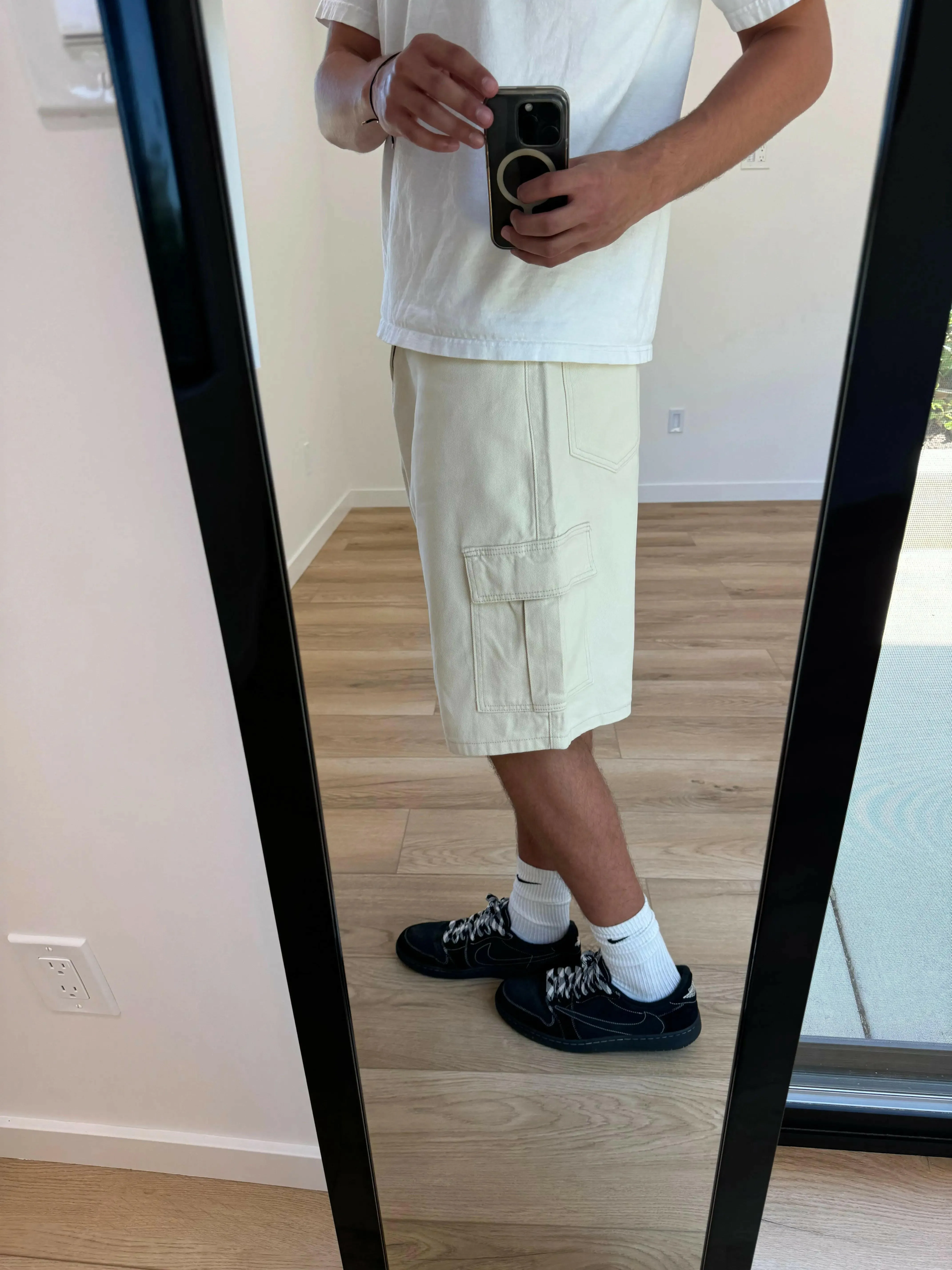 Beige Baggy Long Cargo Jorts