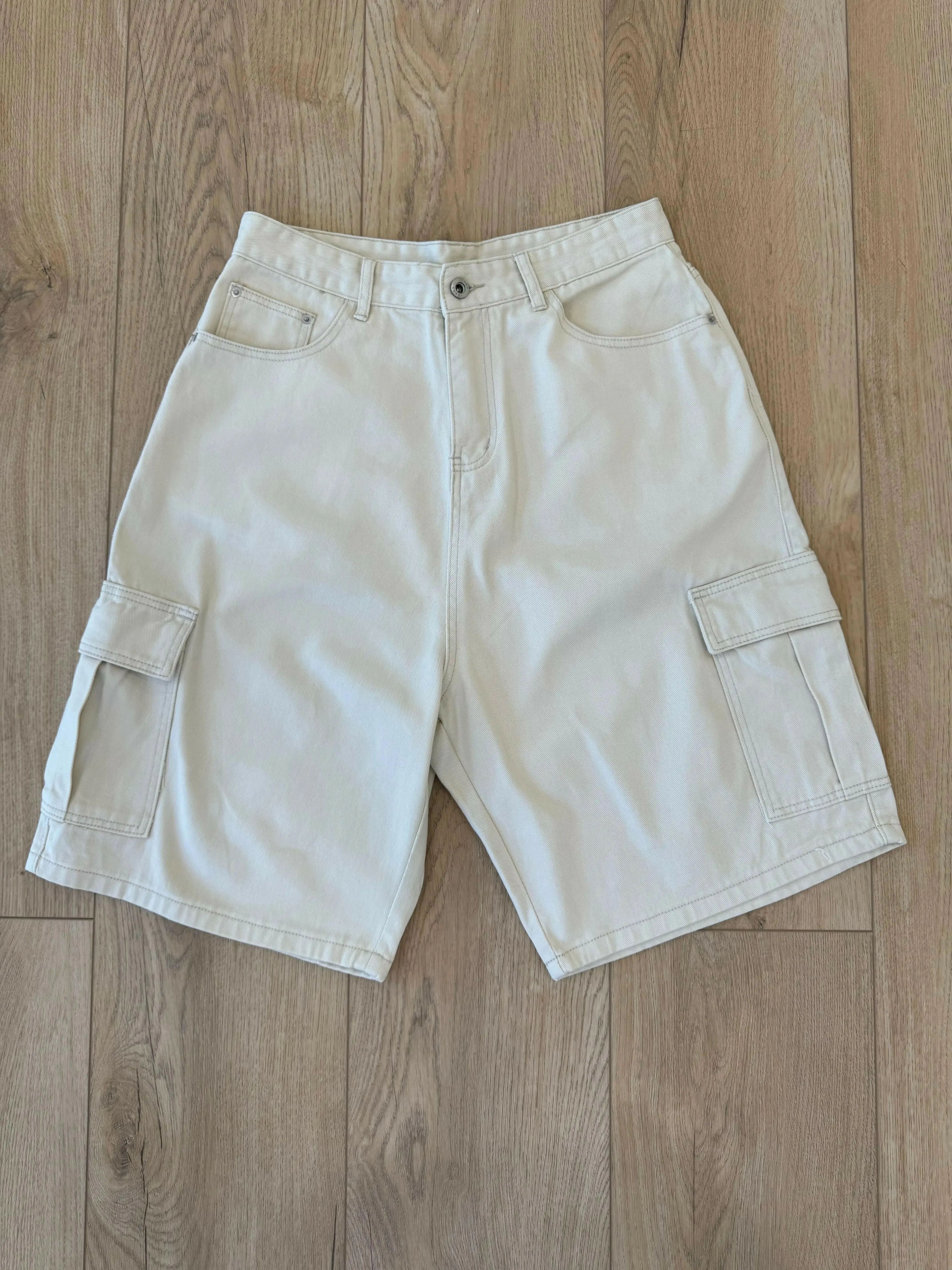 Beige Baggy Long Cargo Jorts