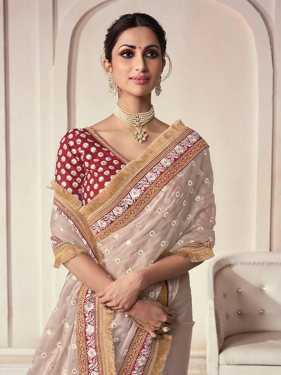 Beige color Organza Embroidered  Classic Saree
