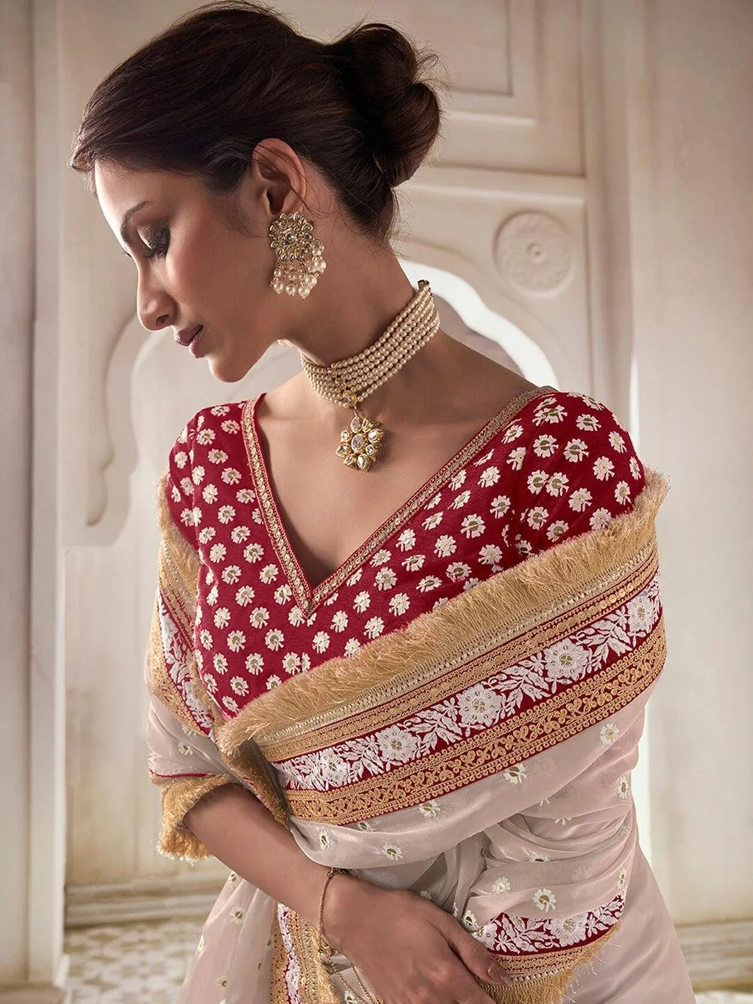 Beige color Organza Embroidered  Classic Saree