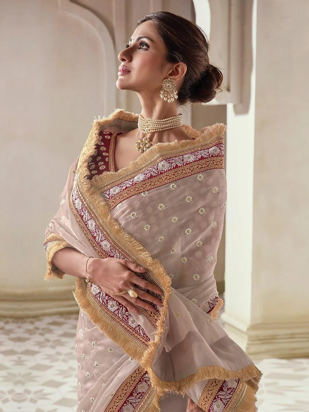 Beige color Organza Embroidered  Classic Saree