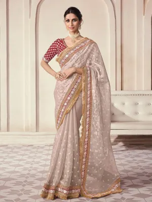 Beige color Organza Embroidered  Classic Saree
