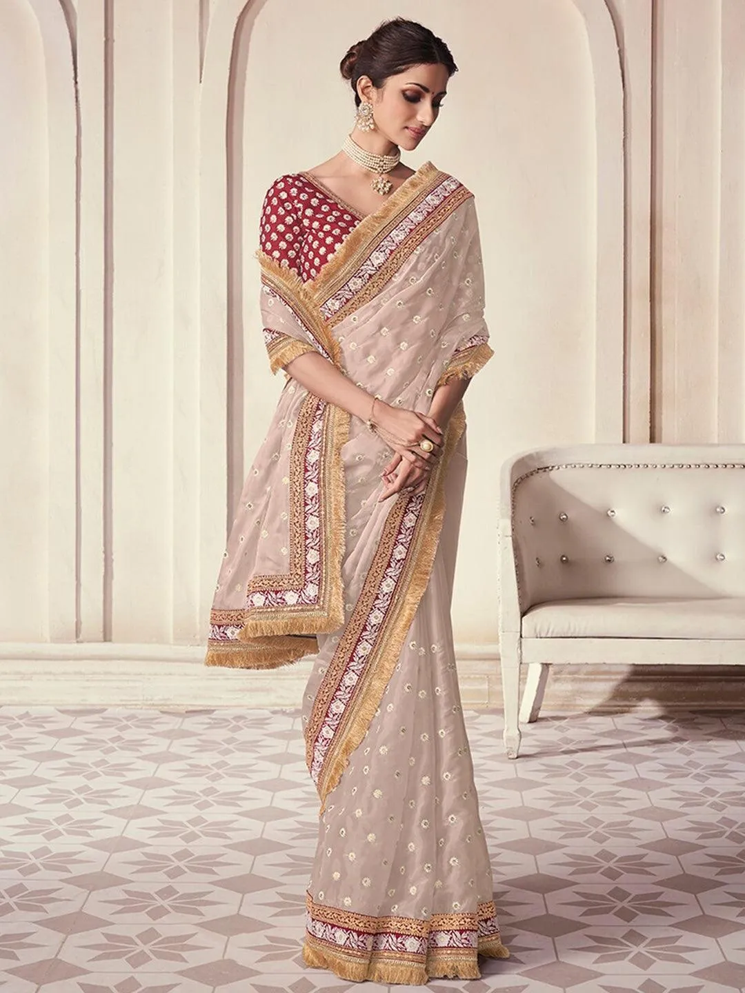 Beige color Organza Embroidered  Classic Saree