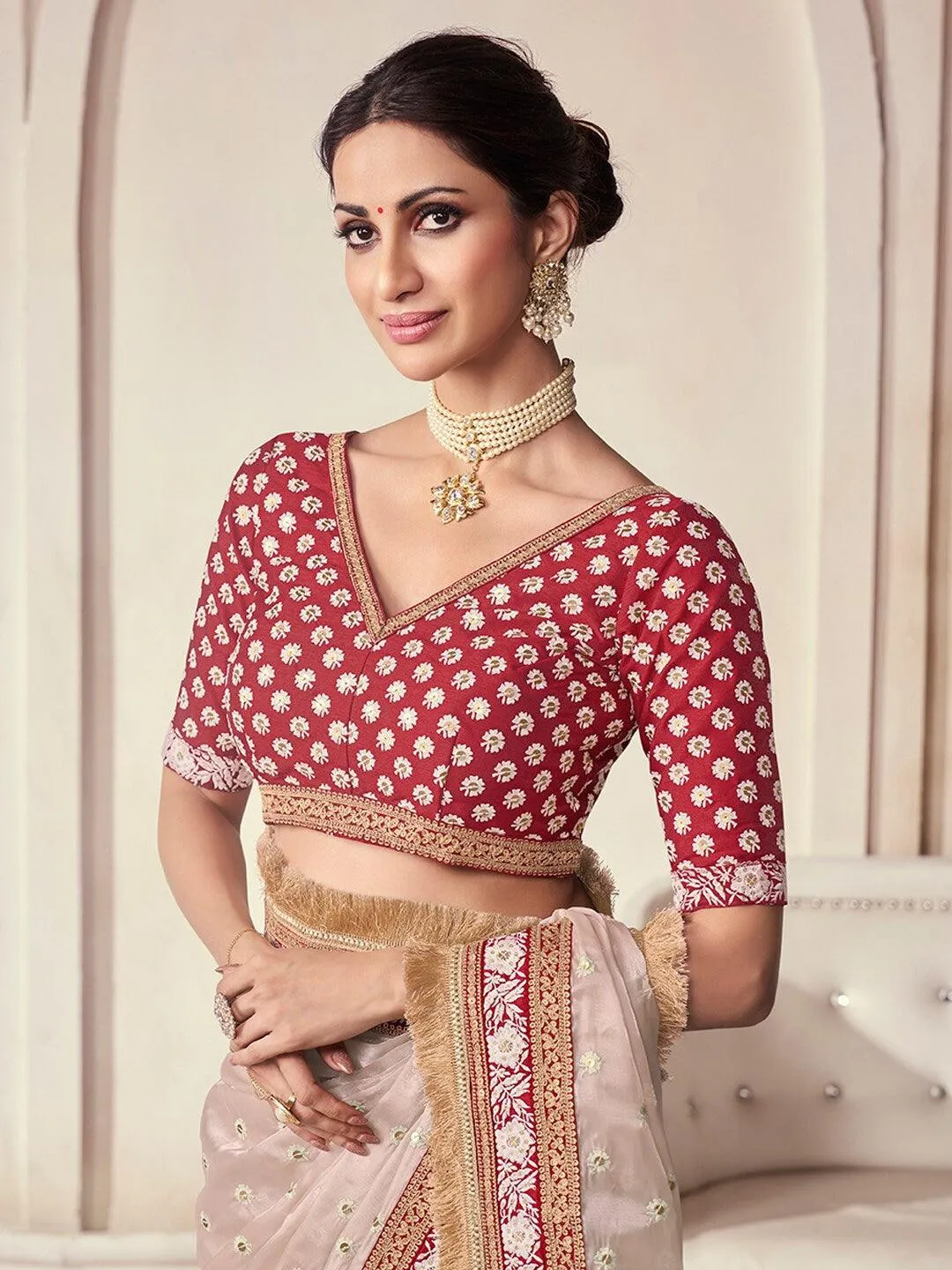 Beige color Organza Embroidered  Classic Saree