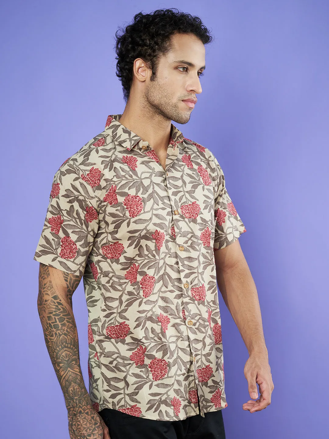Beige Jaipuri Cotton Floral Half Sleeves Shirt for Men