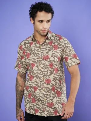 Beige Jaipuri Cotton Floral Half Sleeves Shirt for Men
