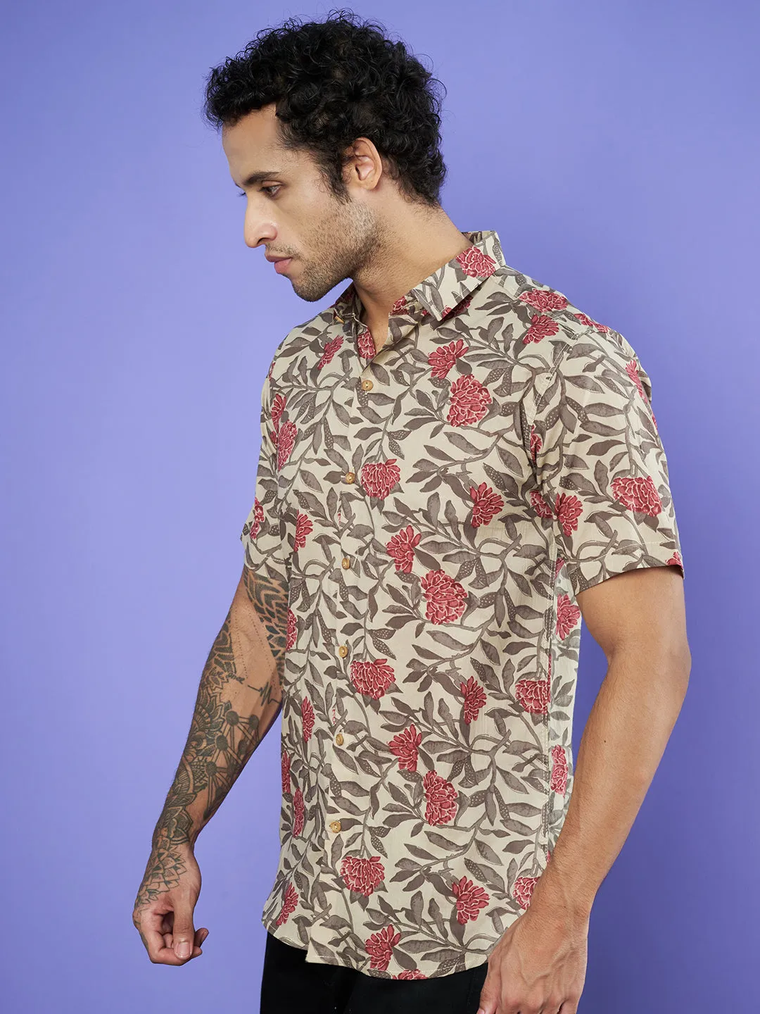 Beige Jaipuri Cotton Floral Half Sleeves Shirt for Men