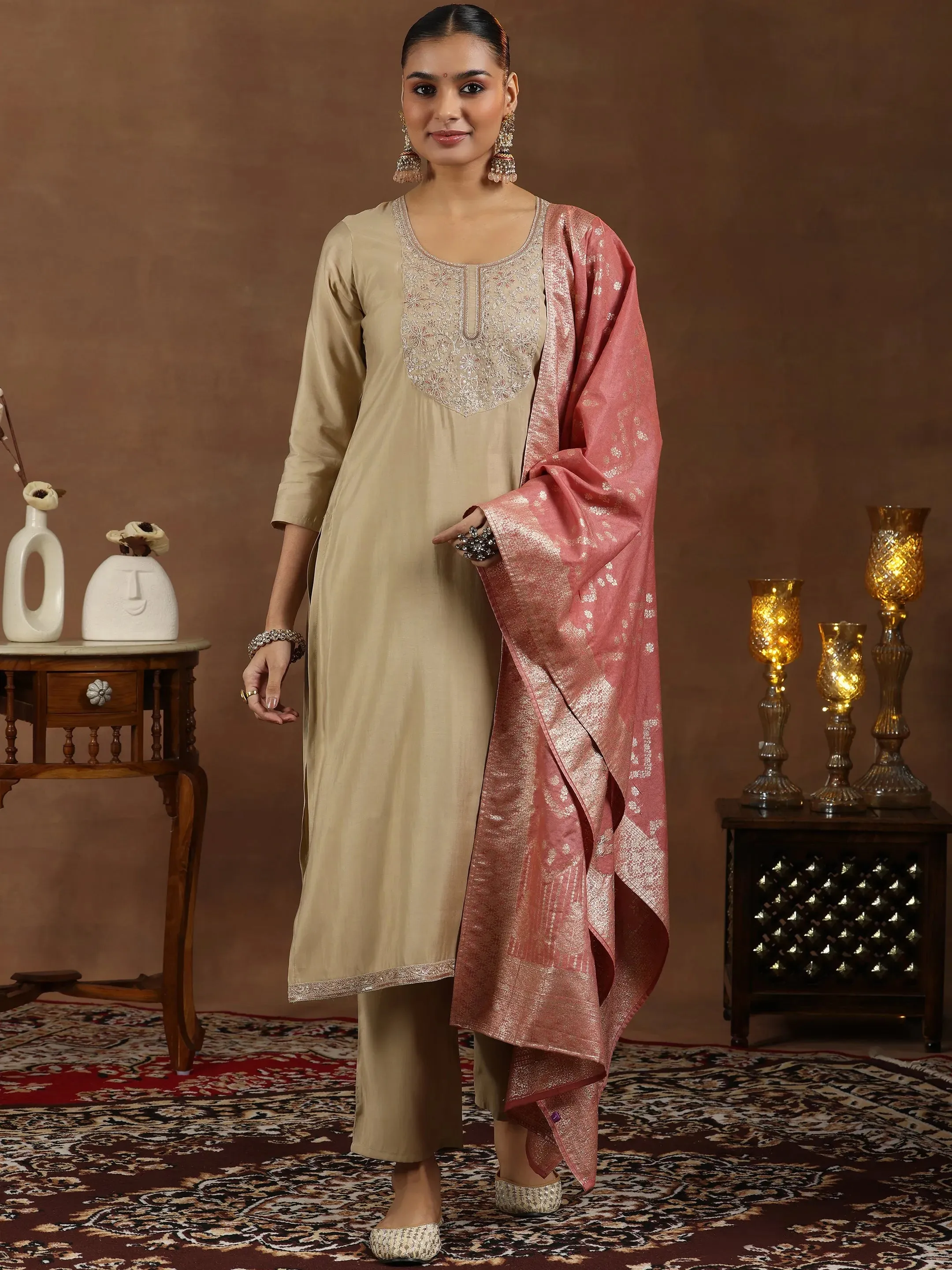 Beige Yoke Design Silk Blend Straight Suit With Dupatta