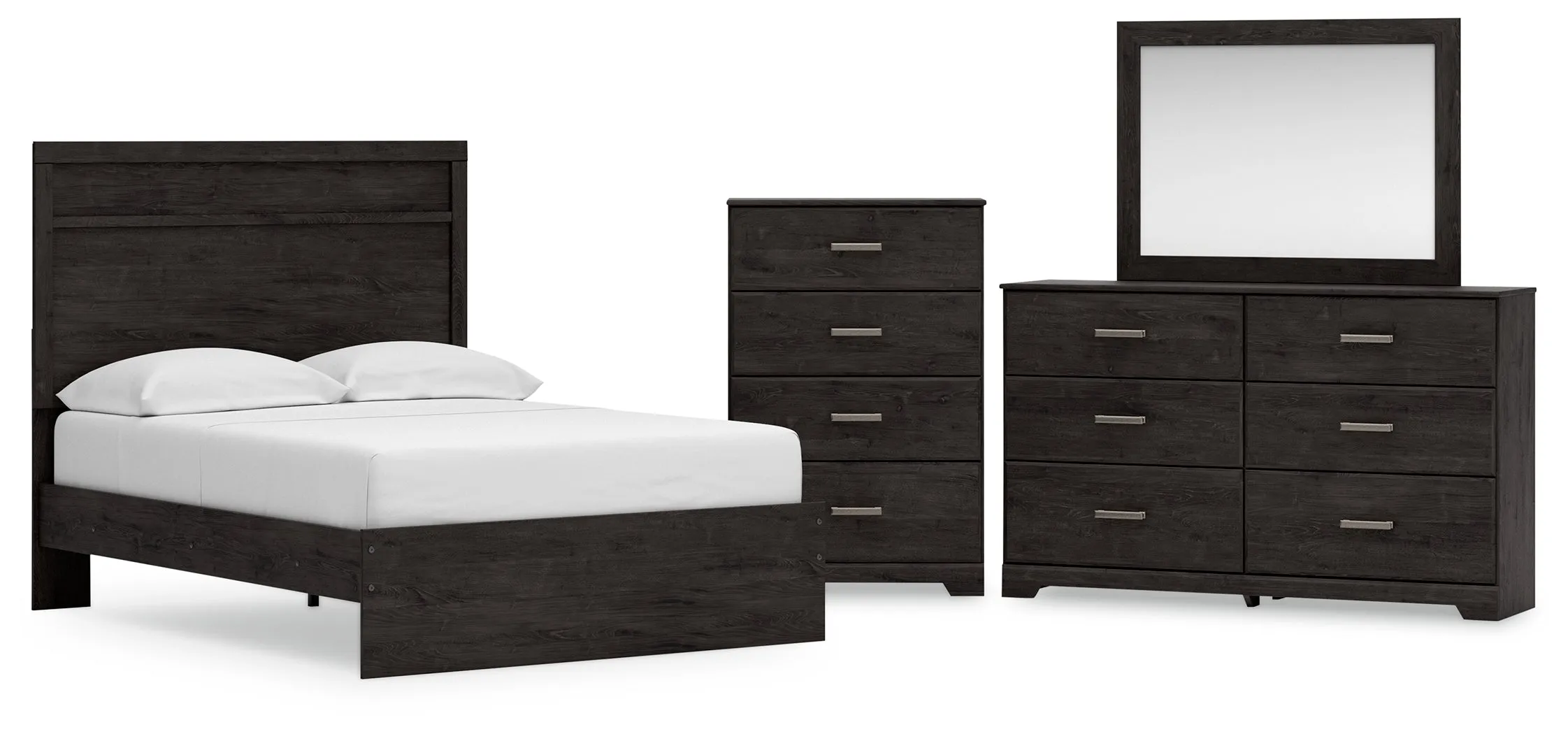 Belachime Full Panel Bed with Mirrored Dresser and Chest in Charcoal