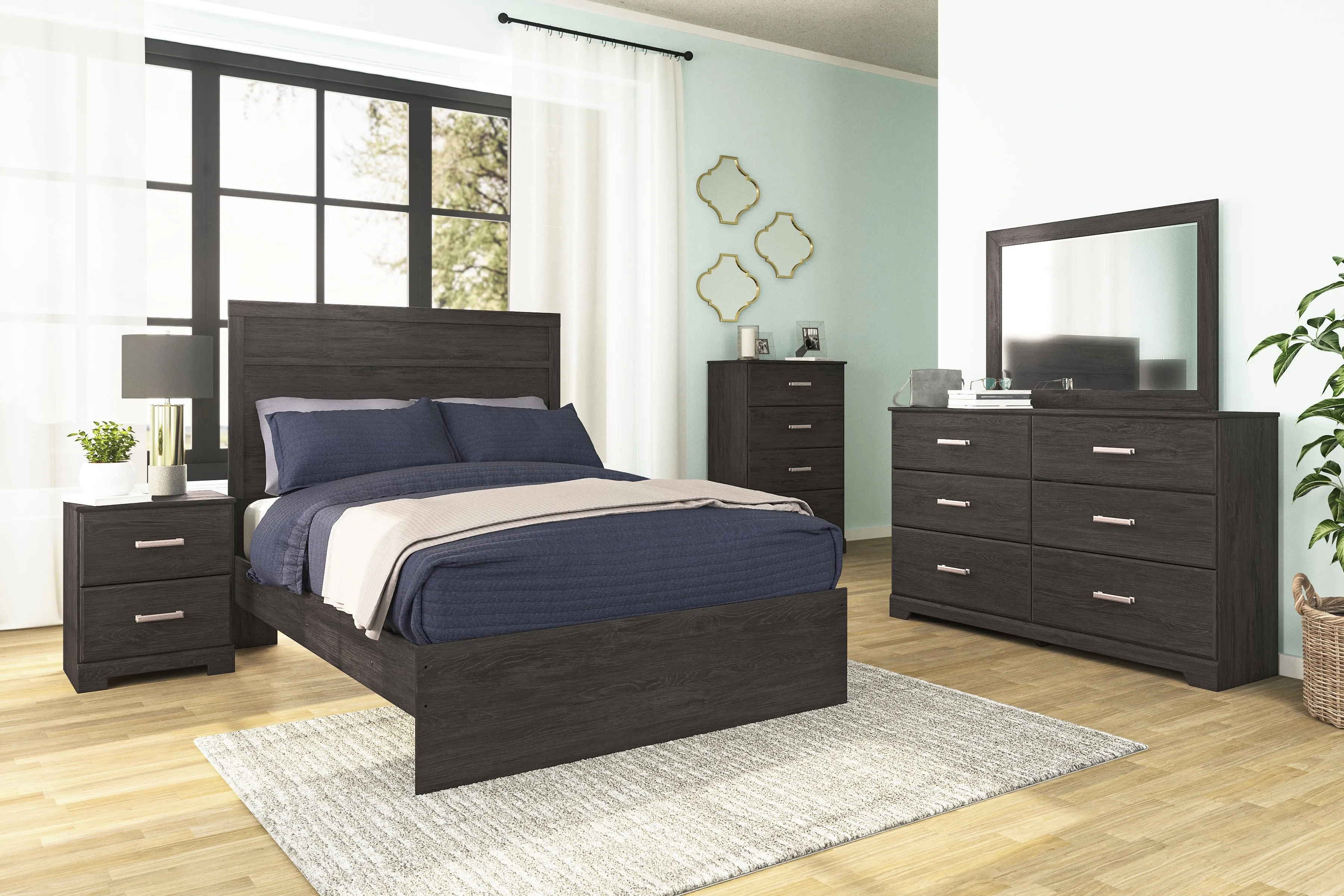 Belachime Full Panel Bed with Mirrored Dresser and Chest in Charcoal